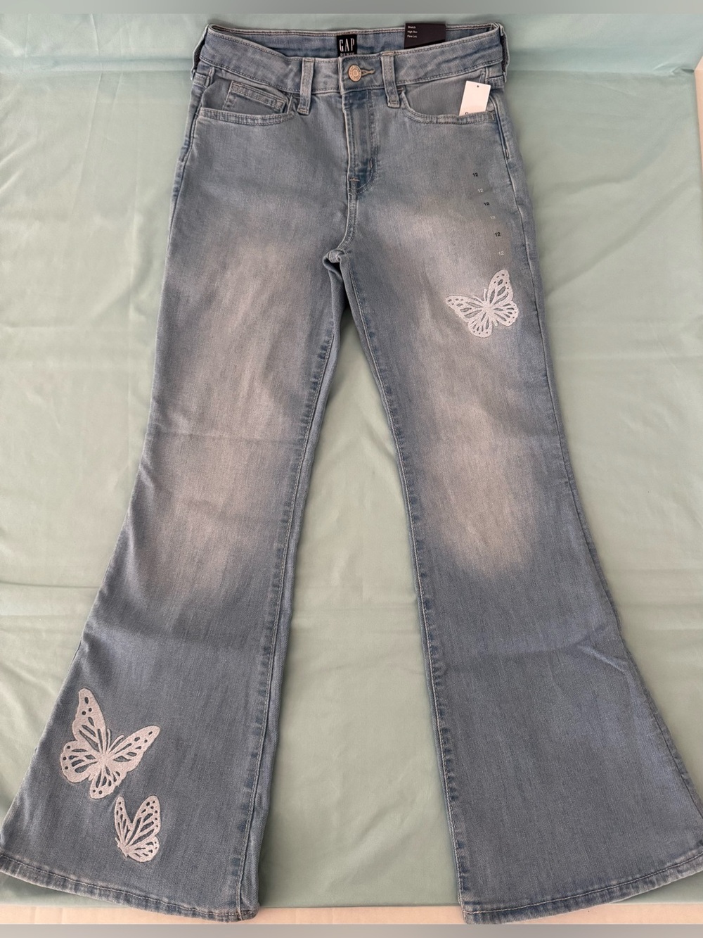 Girls GAP High Rise Light Blue Butterfly Embroidered '70s Flare Jeans